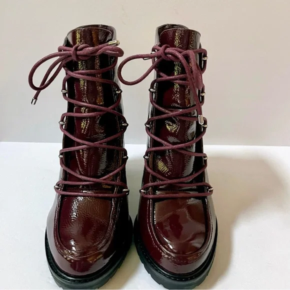 NEW Gianni Bini Chunky Burgundy Patent Leather Combat Boots Size 8 - Picture 2 of 10
